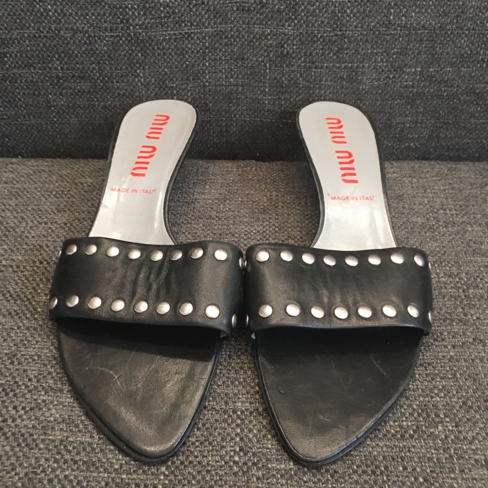 Miu Miu black leather studded kitten heel slides
